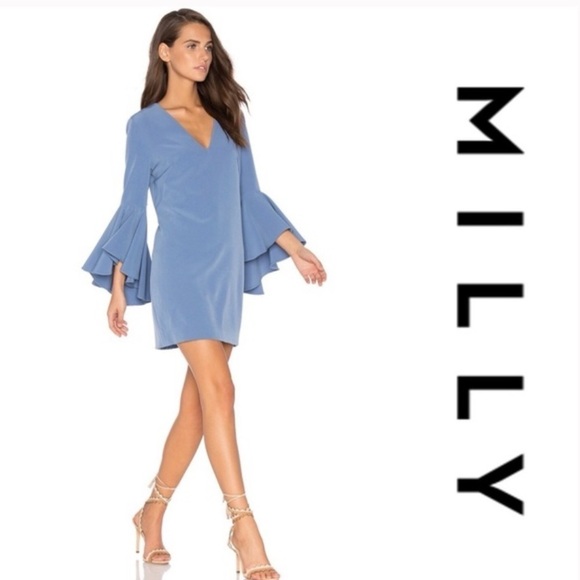 MILLY Nicole Dress in Steel Blue Ruffle Flare Bell Sleeve Size 2 - Picture 1 of 11